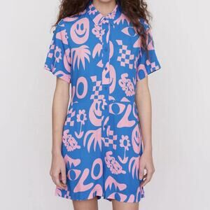 Lazy Oaf Palm Romper Womens Size 2 Abstract Funky Maximalist Artsy Blue Pink
